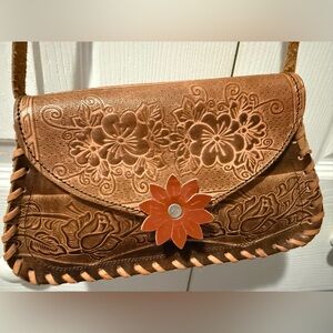 Floral Embossed Brown Leather Bag